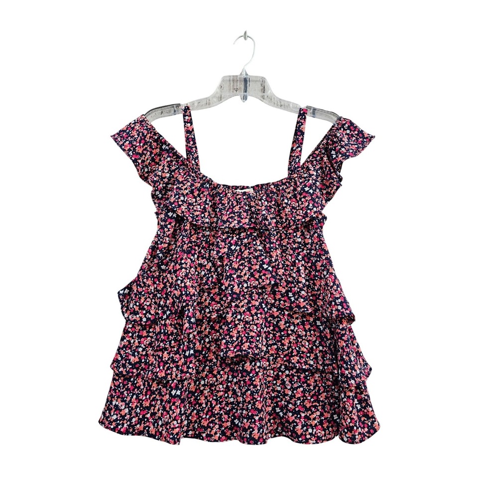Michael Kors Floral Ruffle Top Womens Medium Navy Pink Tiered Cold Shoulder Boho